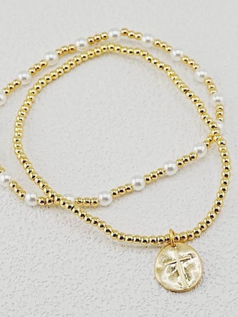 Gold Beaded Double-Wrap Bracelet with White Pearls - Picture 4 of 4